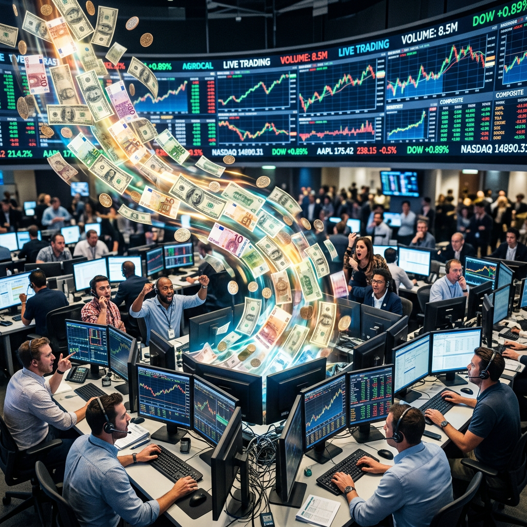Busy stock trading floor with traders, multiple monitors displaying charts, and digital money effects